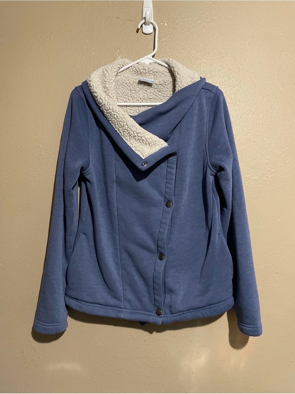Columbia Blue Sherpa Line Diagnonal Snap Button Jacket Coat Women’s M